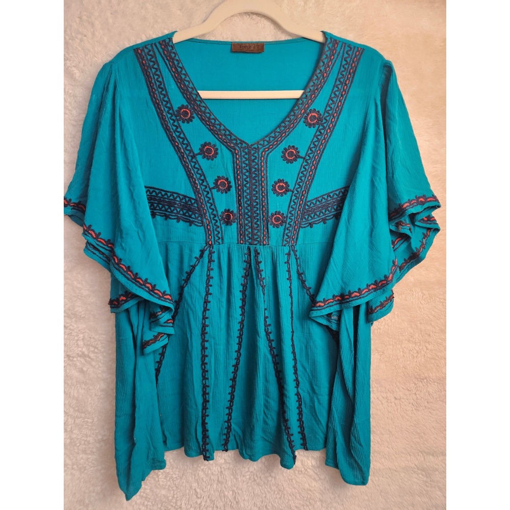 Trestle Teal Blue Orange Embroidery Flutter Sleeve Peasant Blouse Boho #552